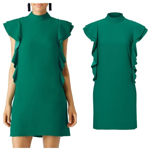 Kate Spade Flutter Sleeve Satin Shift Dress Mini Emerald Green Women's 10